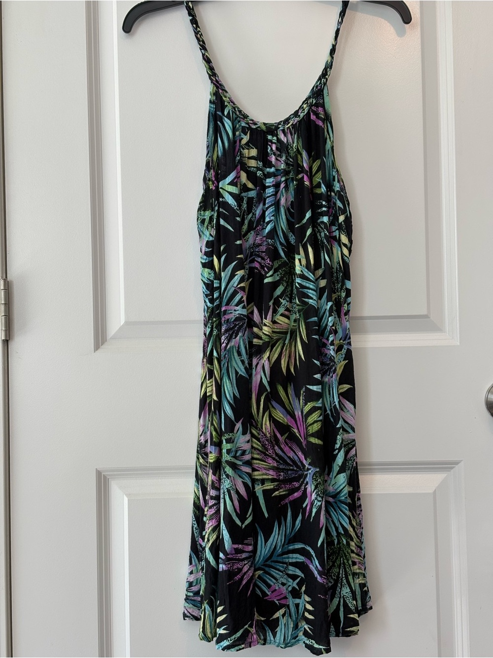 India Boutique Black Dress with Teal, Purple & Lime Leaf Print FREE SIZE